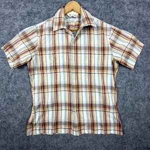 Vintage Golden Era by Mr. California Shirt Men Medium Tan Plaid Cotton Button Up